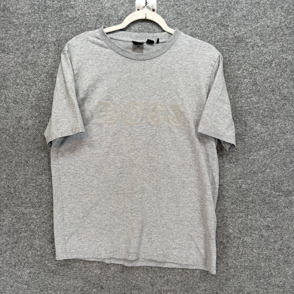 Hugo Boss Tshirt Mens Medium Gray Logo Graphic Short Sleeve Casual Tee Designer